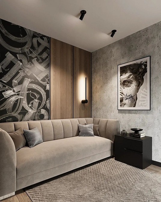 Модульний коричневий диван в сучасному інтер'єрі з журнальним столиком та декором