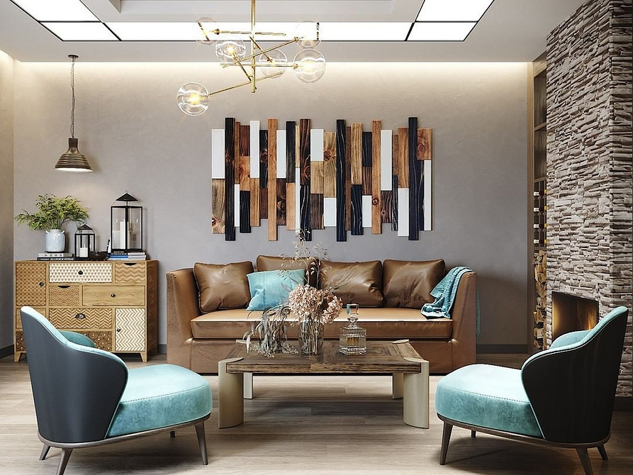 Сучасний дизайн інтер'єру з коричневим диваном та декоративними подушками
