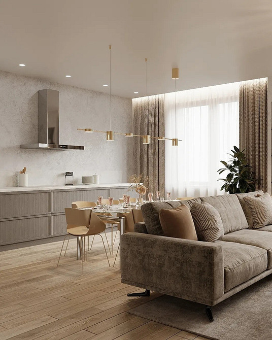 Інтер'єр вітальні з коричневим диваном, журнальним столиком та килимом в тон