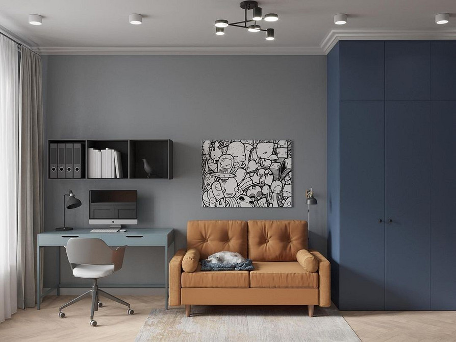 Коричневий велюровий диван з килимом в тон, теплий колір для вітальні