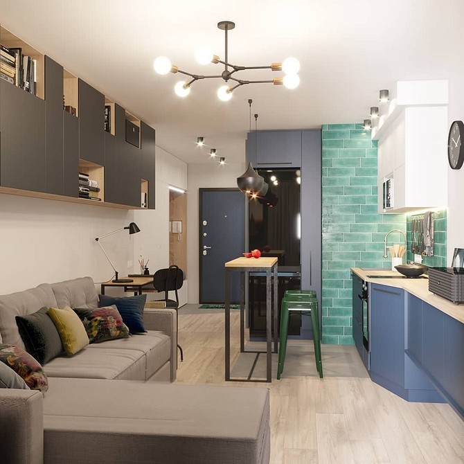 Коричневий диван в скандинавському інтер'єрі з білими стінами та мінімальним декором