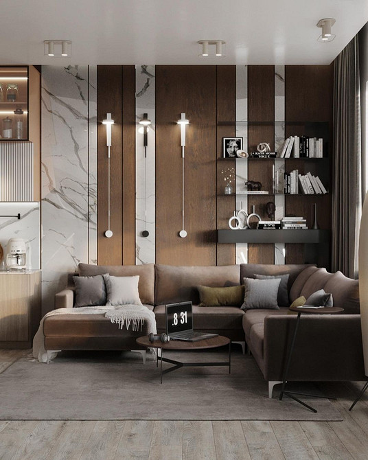 Сучасний інтер'єр вітальні з великим коричневим диваном та журнальним столиком