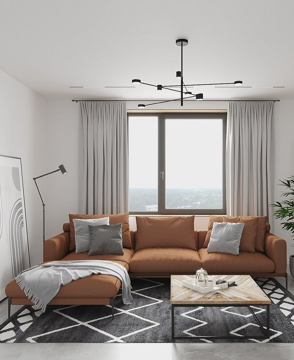 Елегантний коричневий диван у вітальні, дизайн інтер'єру з використанням коричневої палітри.