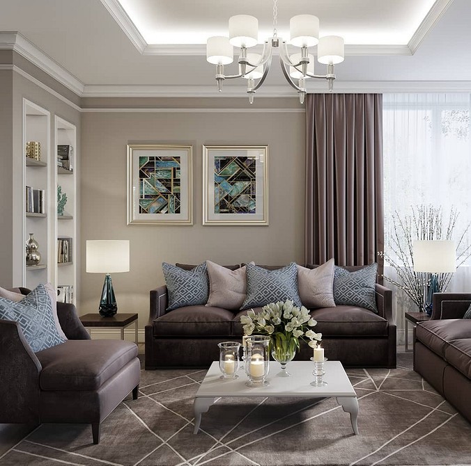 Коричневий диван в інтер'єрі з акцентною стіною та яскравими декоративними елементами