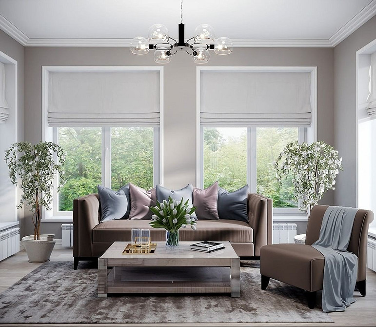 Сучасний коричневий диван в інтер'єрі, поєднання кольорів для створення гармонійного простору.