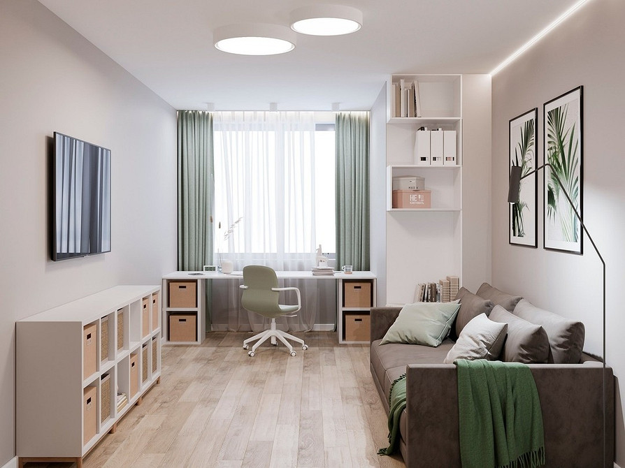 Стильний коричневий диван в сучасному інтер'єрі вітальні, ідеально підібраний колір