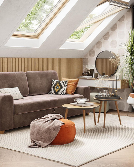 Модульний коричневий диван у сучасному інтер'єрі з мінімалістичним дизайном