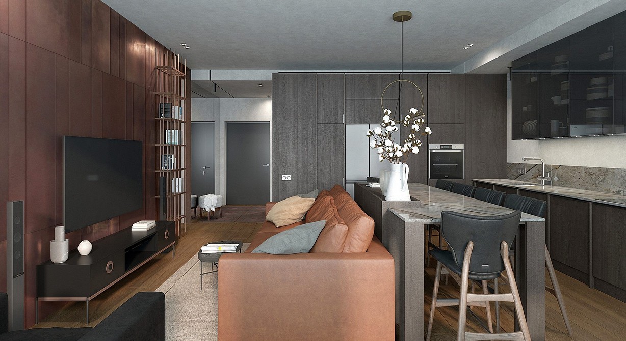 Великий коричневий диван в інтер'єрі, акцент на коричневу палітру та дизайн вітальні.