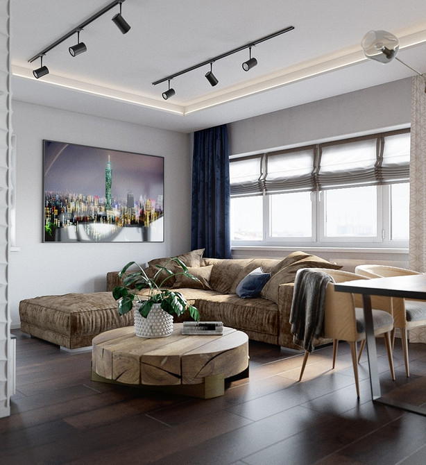 Дизайн вітальні з коричневим диваном: найкращі рішення для розміщення, освітлення та декорування.