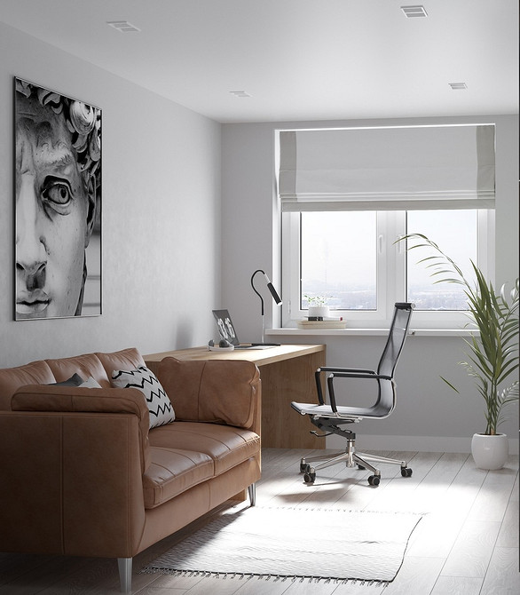 Коричневий диван з дерев'яними підлокітниками в скандинавському стилі, світлий інтер'єр