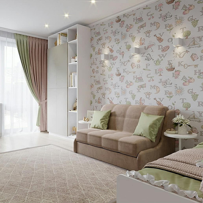 М'який коричневий диван у дитячій кімнаті, ідеальне місце для ігор та відпочинку