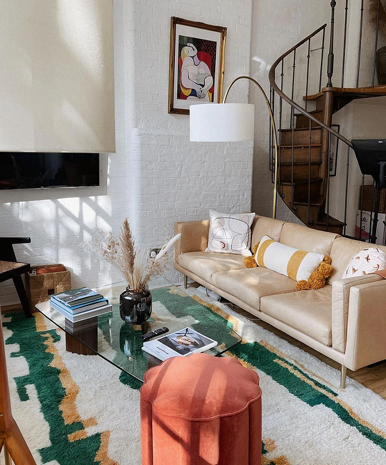 Інтер'єр вітальні з двома шкіряними диванами різних кольорів, колір дивану.