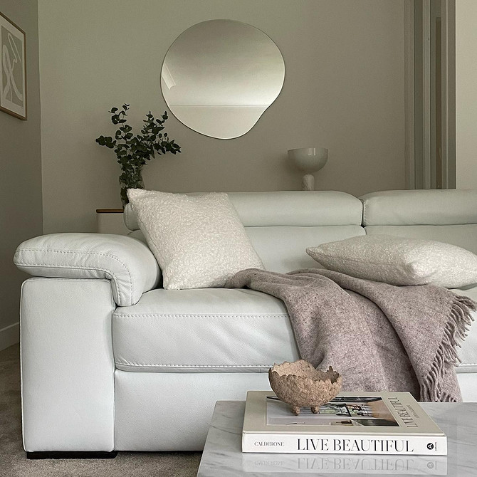 Невеликий шкіряний диван у вітальні, практичний вибір меблів для дому.