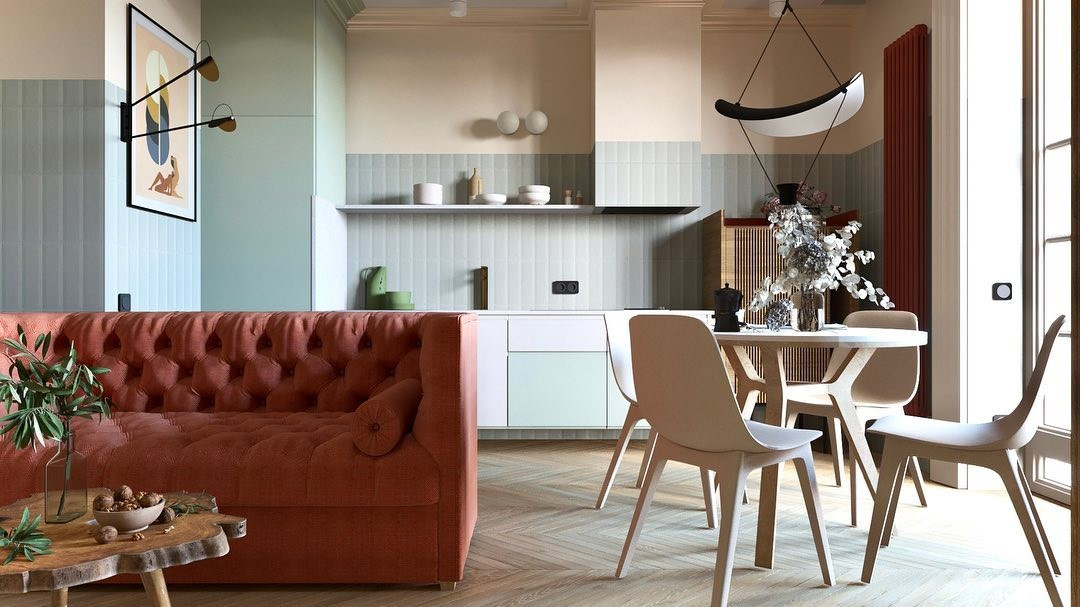 Червоний диван у мінімалістичній вітальні: простота та яскравий акцент в дизайні