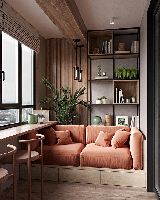 Сучасний інтер'єр з червоним диваном і коричневими елементами: стильний дизайн вітальні.