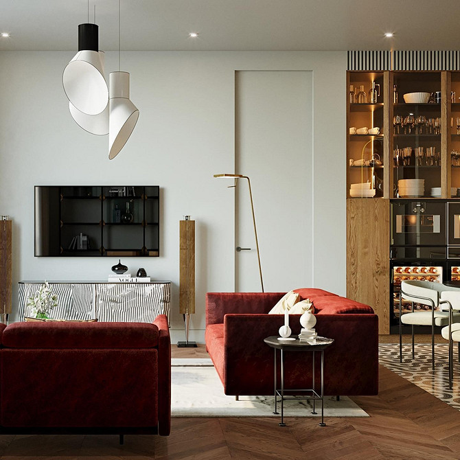 Червоний диван в інтер'єрі з бежевими стінами: гармонійне поєднання кольорів для вітальні.