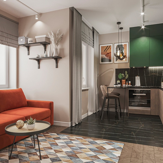 Сучасний червоний модульний диван у вітальні з білими стінами та декоративними подушками