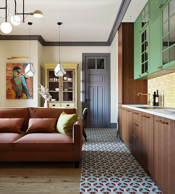 Елегантний червоний диван-ліжко в інтер'єрі вітальні, ідеальне рішення для сну