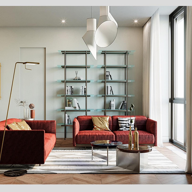 Елегантний червоний диван-ліжко в інтер'єрі вітальні з дерев'яними елементами