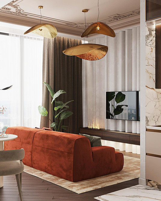 Сучасний інтер'єр з червоним диваном, білими стінами та чорними деталями, стильне поєднання