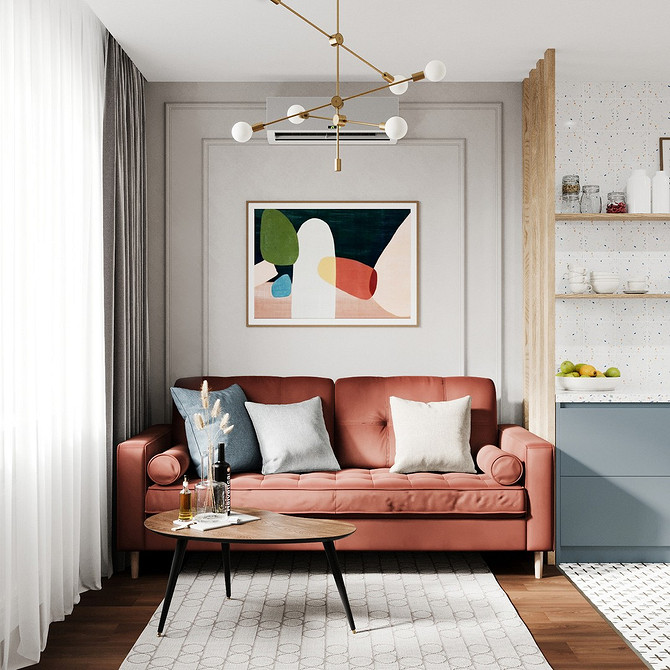 Червоний шкіряний диван у класичному інтер'єрі вітальні з каміном та книжковими полицями