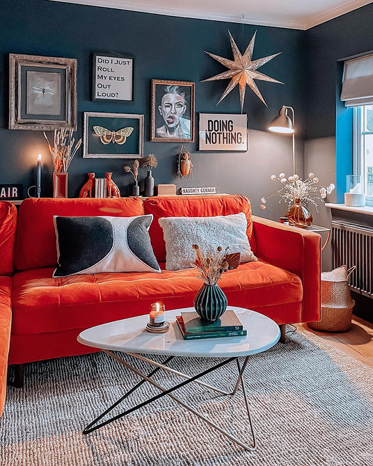 Стильний червоний диван у вітальні з чорно-білими акцентами в декорі