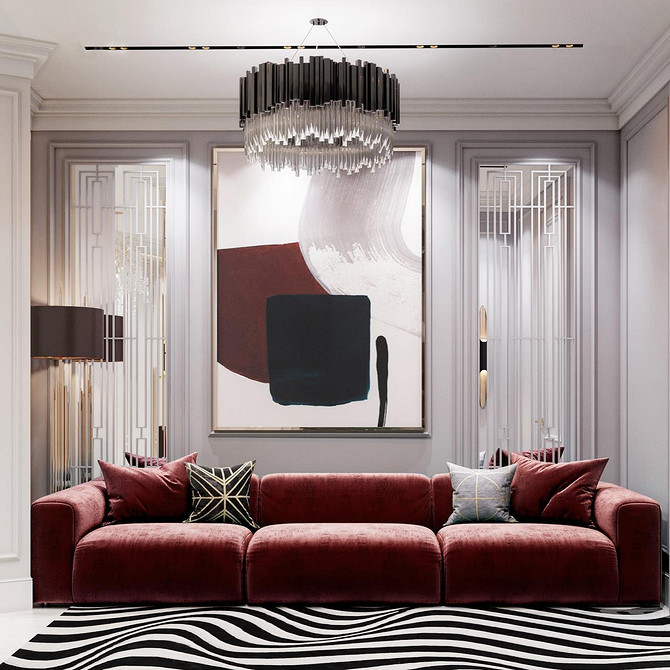 Сучасний дизайн вітальні з червоним диваном: поєднання з нейтральними кольорами