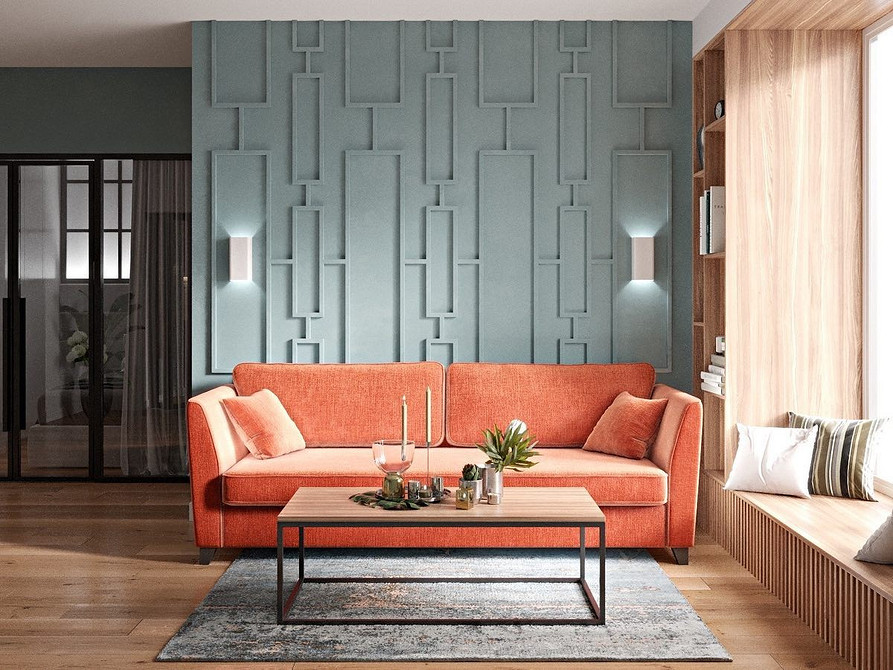 Червоний диван в інтер'єрі з синіми акцентами: ефектне поєднання кольорів