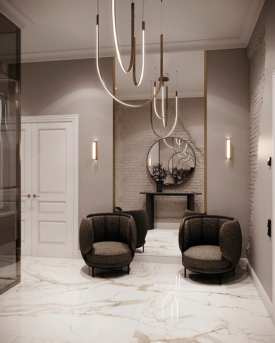 Крісло з оригінальним дизайном в мінімалістичному інтер'єрі, акцентний елемент декору.