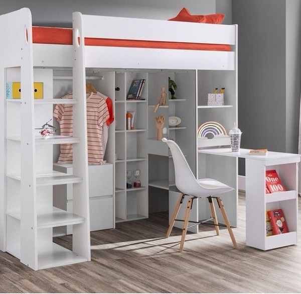 Ліжко горище з робочою зоною різних стилів та матеріалів для дому.