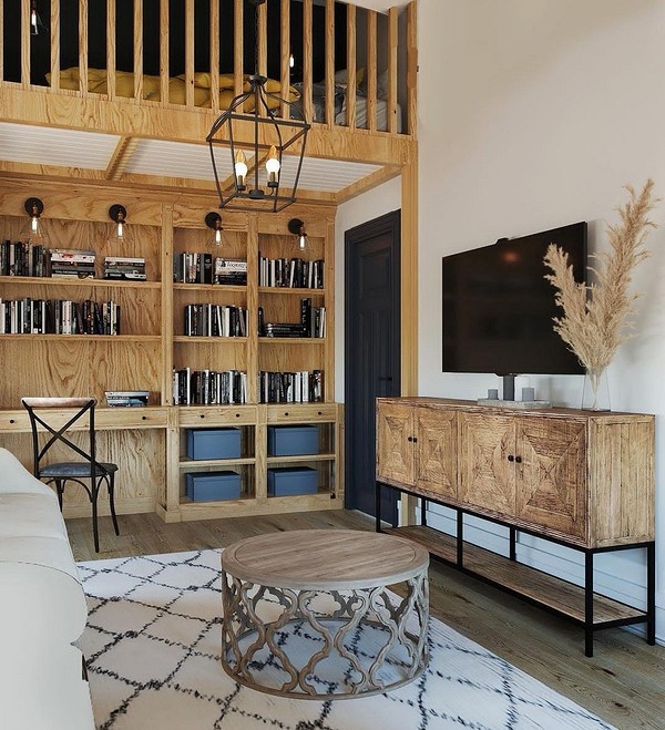 Ліжко-горище з робочою зоною в дитячій кімнаті в стилі лофт.