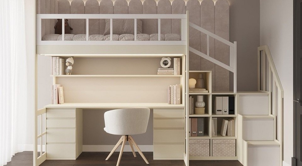Ліжко-горище з робочою зоною - ідеальне рішення для економії простору в дитячій кімнаті.