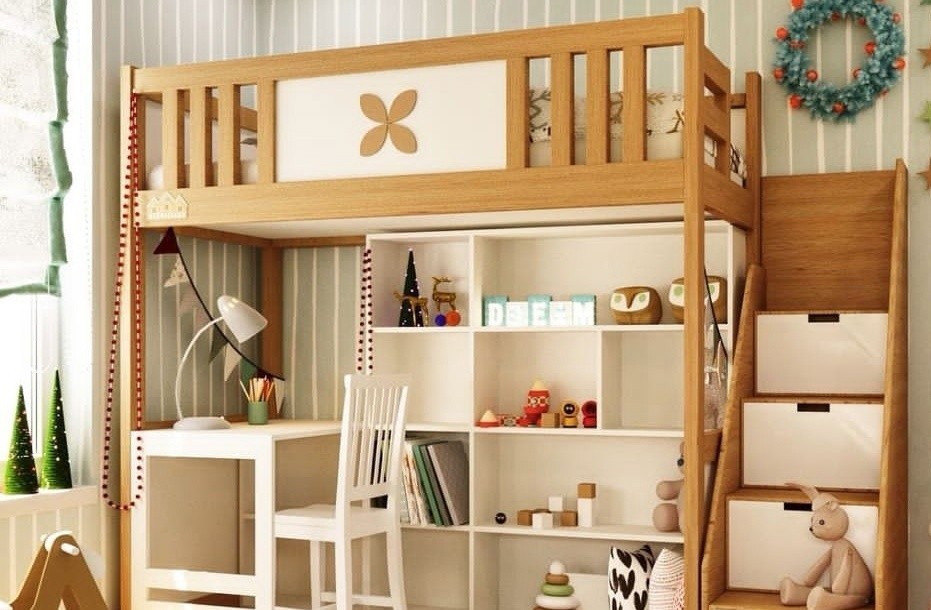 Компактне ліжко горище з мінімалістичним дизайном та зручним робочим місцем.