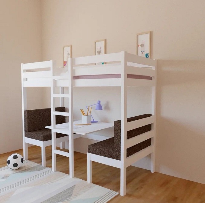 Ліжко-горище з металевим каркасом та зручним робочим місцем.