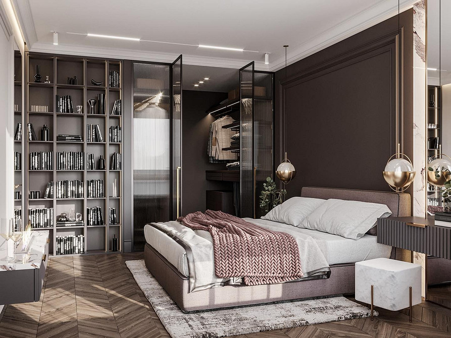 Спальня з ліжком з м'якою спинкою та тумбочками в одному стилі: гармонія в деталях.