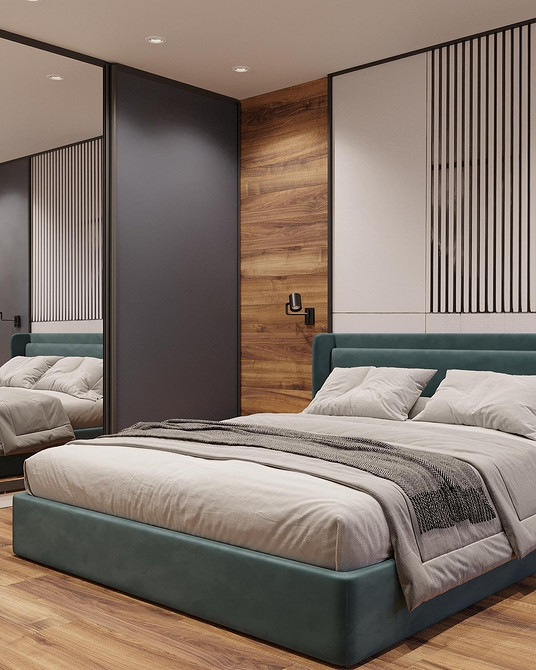 Світла спальня з ліжком з м'якою спинкою, оббитою льоном, що додає природності.