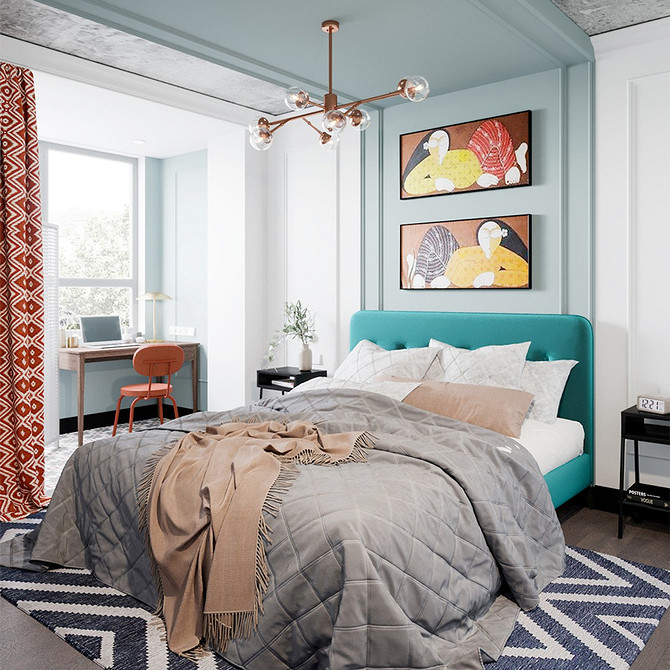 Темна спальня з ліжком з м'яким узголів'ям та декоративними подушками