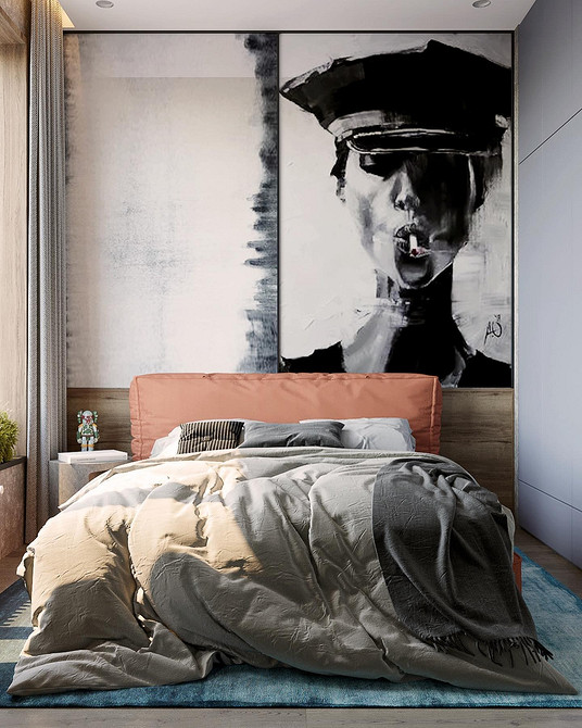 Елегантна м'яка спинка ліжка з оббивкою з велюру глибокого синього кольору.