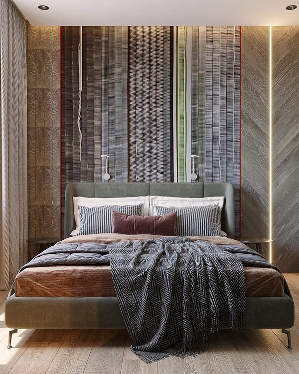 Дизайн спальні з елегантним ліжком з м'яким узголів'ям, натхнення для дому