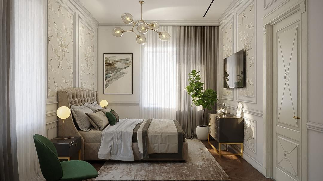 Затишна спальня з ліжком з високим м'яким узголів'ям і приліжковими тумбочками.