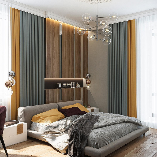 Спальня з ліжком з м'яким узголів'ям в мінімалістичному стилі, дизайн інтер'єру