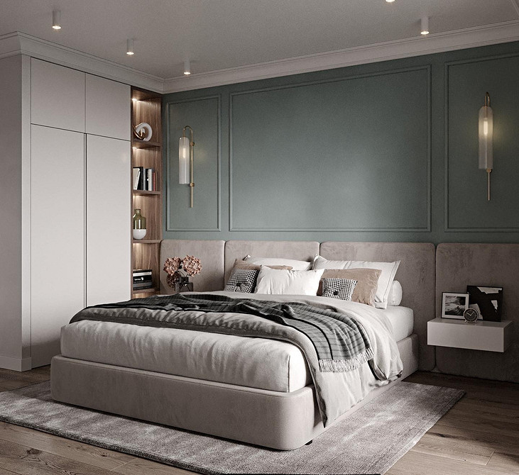 Мінімалістичний дизайн спальні з ліжком з м'яким узголів'ям та нейтральною колірною гамою.