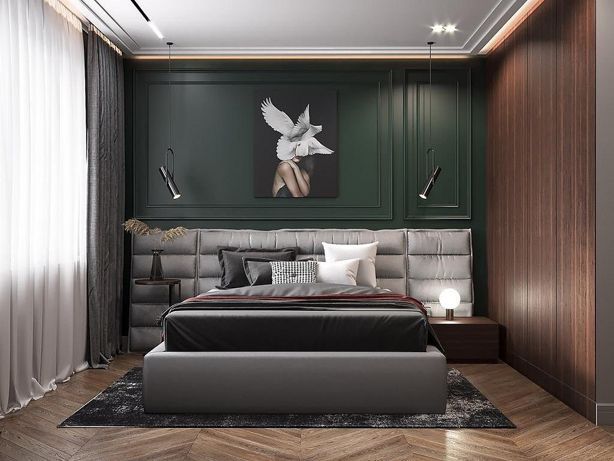 Ліжко з м'якою спинкою, оббитою оксамитом: елегантність та вишуканість в інтер'єрі.