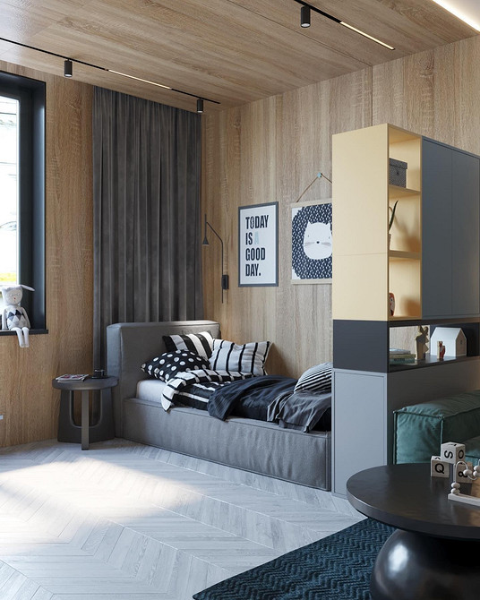 Оригінальне ліжко з м'яким фігурним узголів'ям в сучасній гостьовій кімнаті