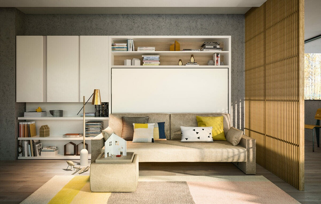 Сучасне ліжко-трансформер, інтегроване в шафу, економія простору, меблі для малогабаритних квартир.