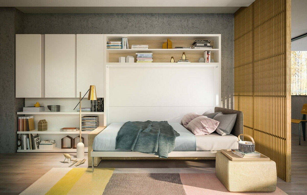 Розкладне ліжко, заховане в шафі, оптимальне рішення для невеликих приміщень, ергономічний дизайн.
