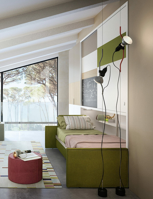 Дизайн інтер'єру з ліжком-трансформером, що легко перетворюється на шафу, ергономіка простору