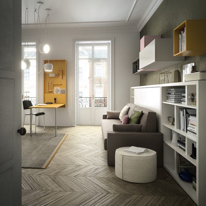 Сучасний дизайн ліжка-трансформера, що складається в шафу, ергономічні меблі для дому