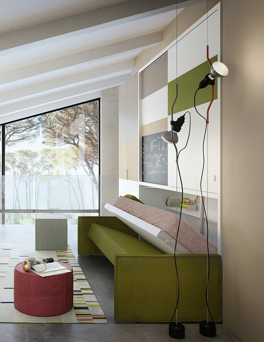 Функціональне ліжко, що складається в шафу: ідеальне для невеликих кімнат, мінімалізм в інтер'єрі