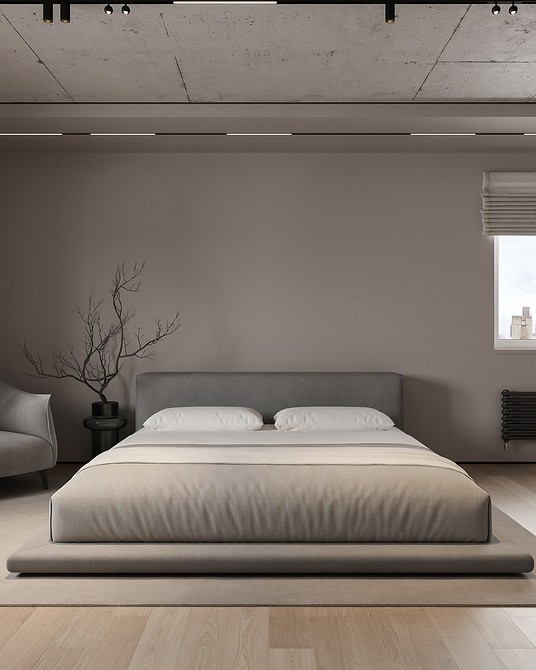 Сучасний дизайн спальні 2025: ліжко в мінімалістичному інтер'єрі з акцентом на дерево.